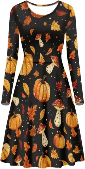 POLERO Mushroom Dresses for Women Midi Dresses with Long Sleeve Mushrooms Casual Dresses