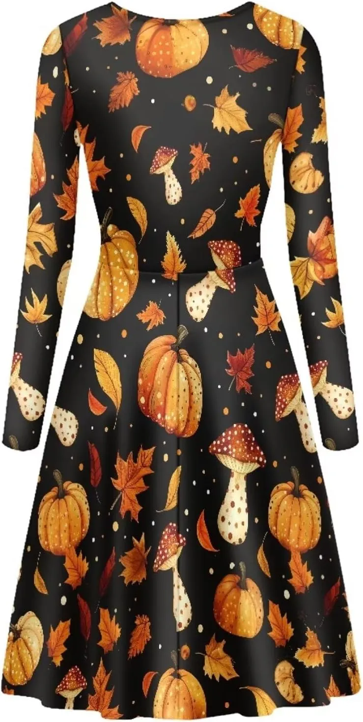 POLERO Mushroom Dresses for Women Midi Dresses with Long Sleeve Mushrooms Casual Dresses