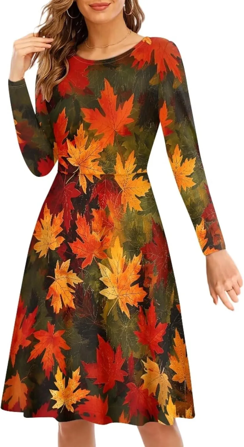 POLERO Mushroom Dresses for Women Midi Dresses with Long Sleeve Mushrooms Casual Dresses