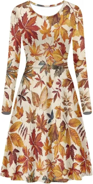 POLERO Mushroom Dresses for Women Midi Dresses with Long Sleeve Mushrooms Casual Dresses