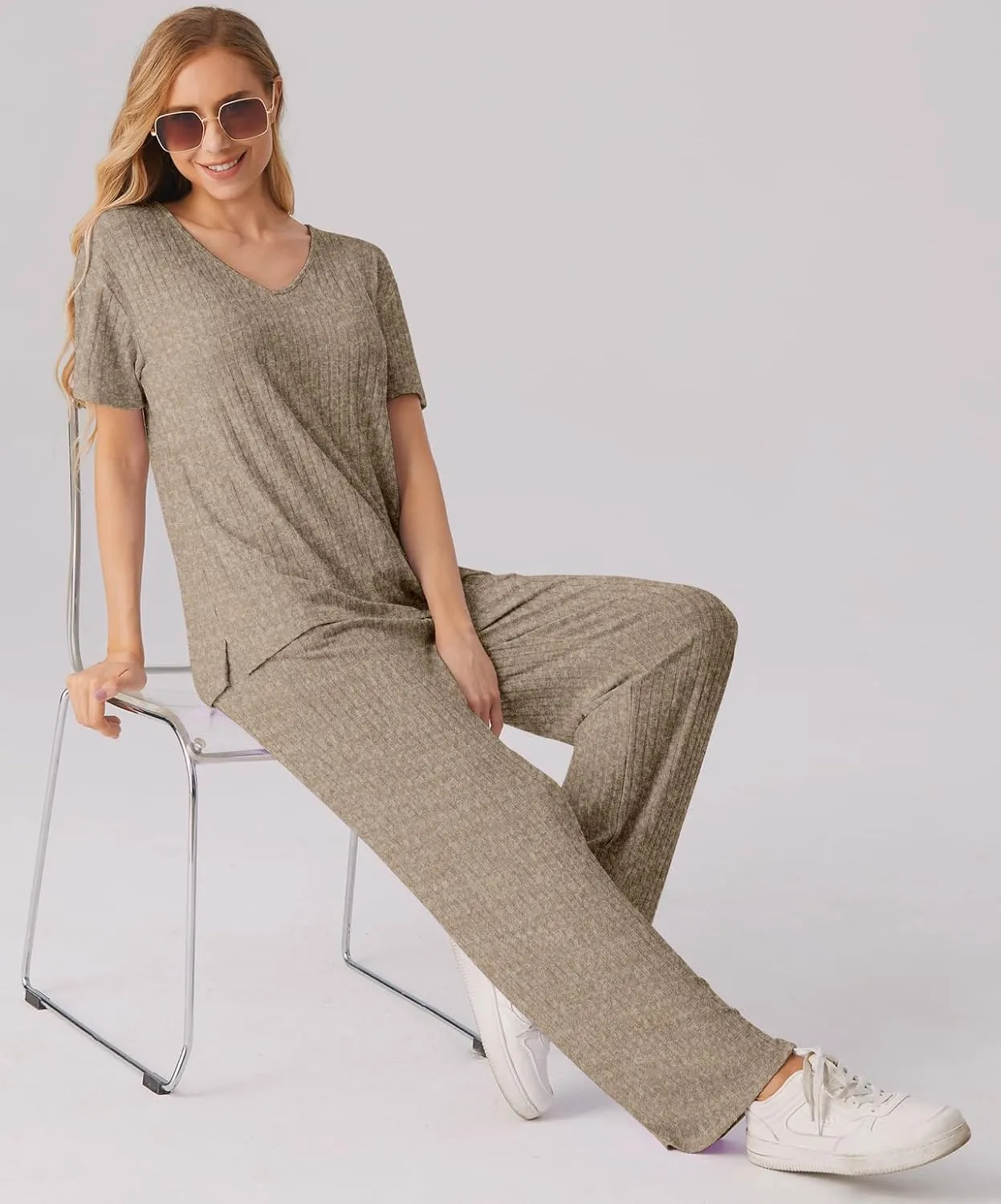 PrinStory Womens Pajama Sets Pjs Short Sleeve Soft 2 Piece Sleepwear for Women Casual Pajamas Set