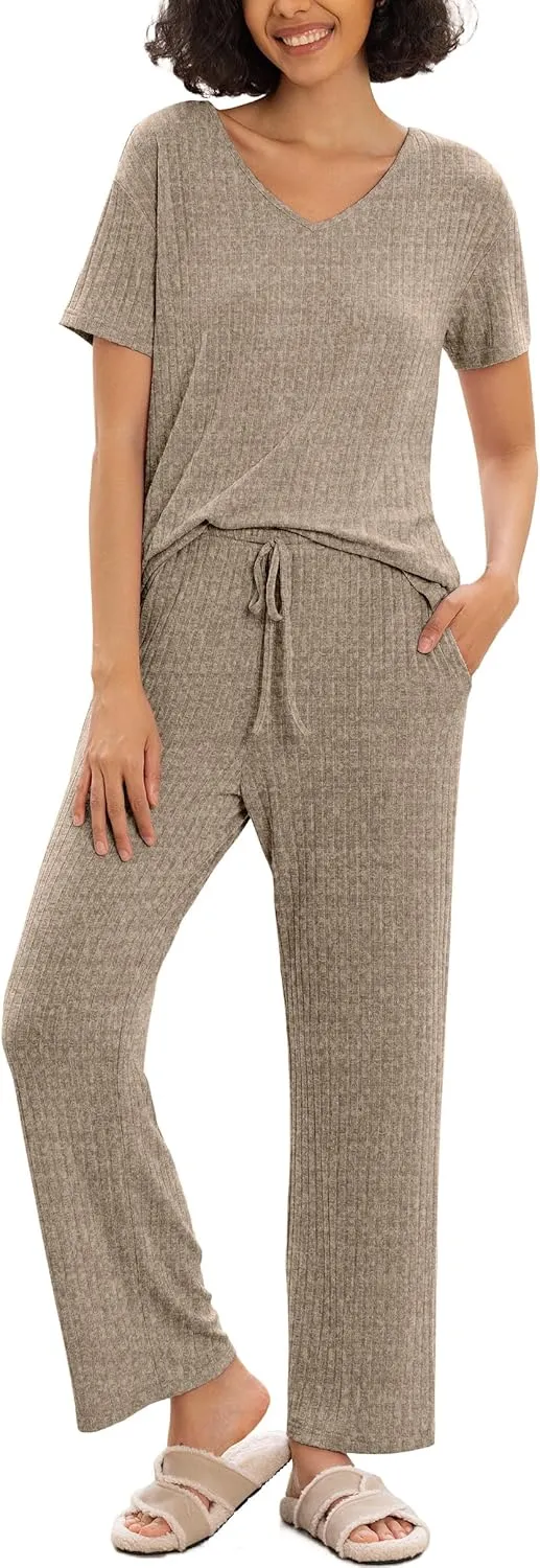 PrinStory Womens Pajama Sets Pjs Short Sleeve Soft 2 Piece Sleepwear for Women Casual Pajamas Set