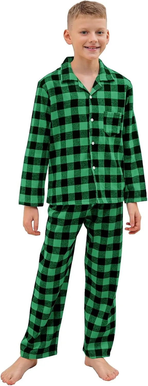 QZH.DUAO Kids Plaid Holiday Christmas Pajamas,Boys & Girls Flannel Button Down Sleepwear Pajamas Set