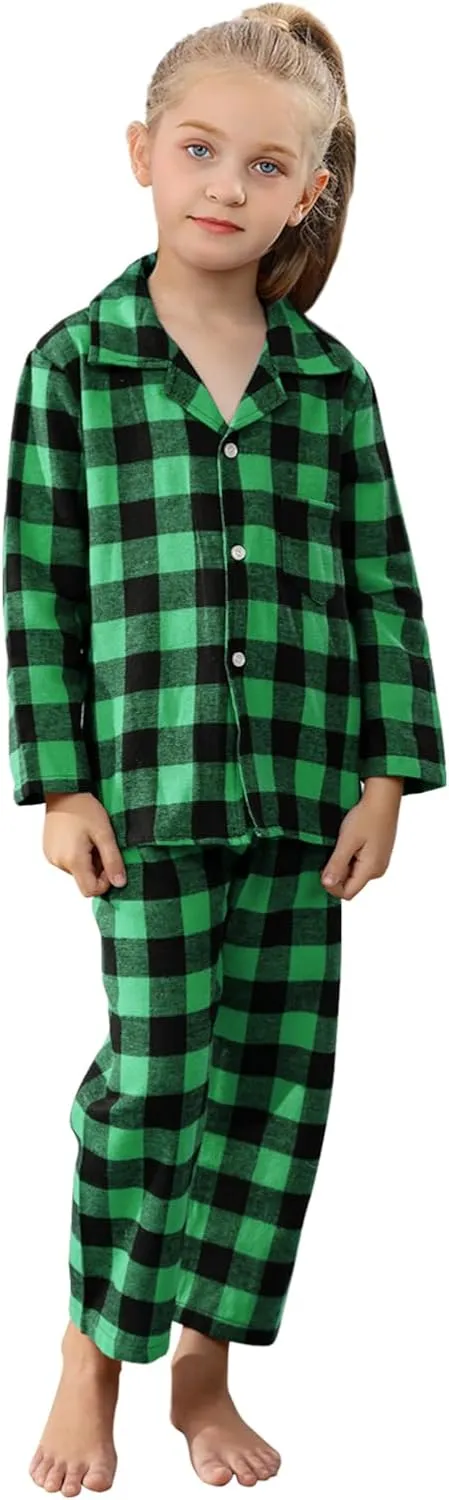 QZH.DUAO Kids Plaid Holiday Christmas Pajamas,Boys & Girls Flannel Button Down Sleepwear Pajamas Set