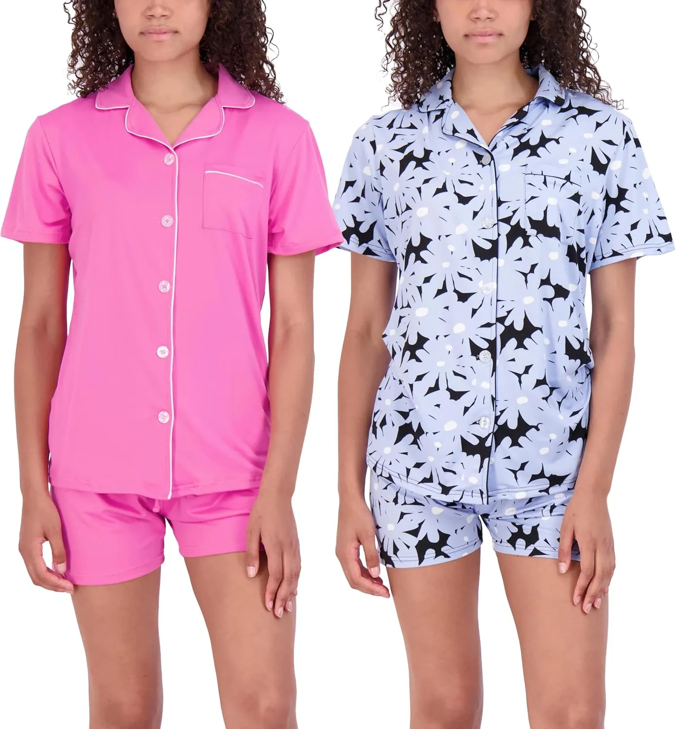 Real Essentials 2 Pack: Women's Pajamas Set Button Down Shorts Soft Matching Sleepwear (Available In Plus)