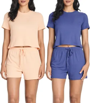 Real Essentials 2 Pack:Women's Soft Ribbed Knit Crop Top & Short Matching Lounge Set - 4 Piece Summer Sweatsuit
