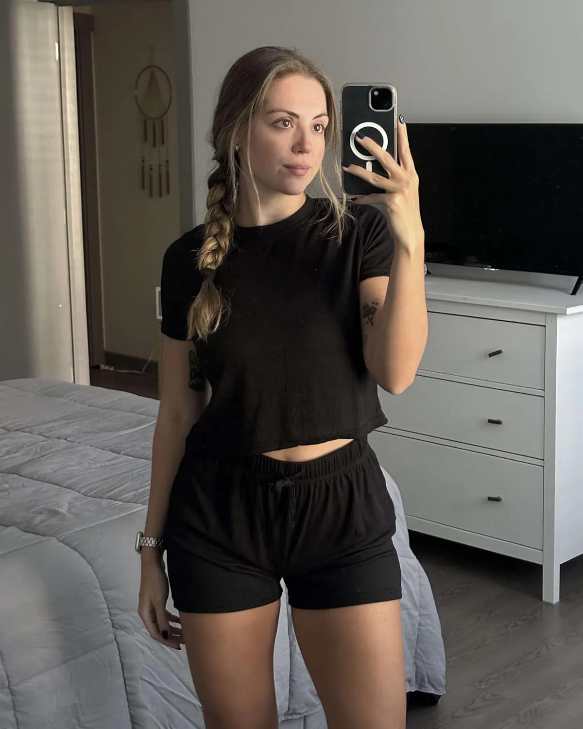 Real Essentials 2 Pack:Women's Soft Ribbed Knit Crop Top & Short Matching Lounge Set - 4 Piece Summer Sweatsuit