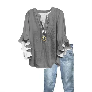 Ruffle 3/4 Length Sleeve Womens Tops,Summer Button V Neck Shirts Vintage Blouse Casual Loose Tunic Tops Graphic Tees