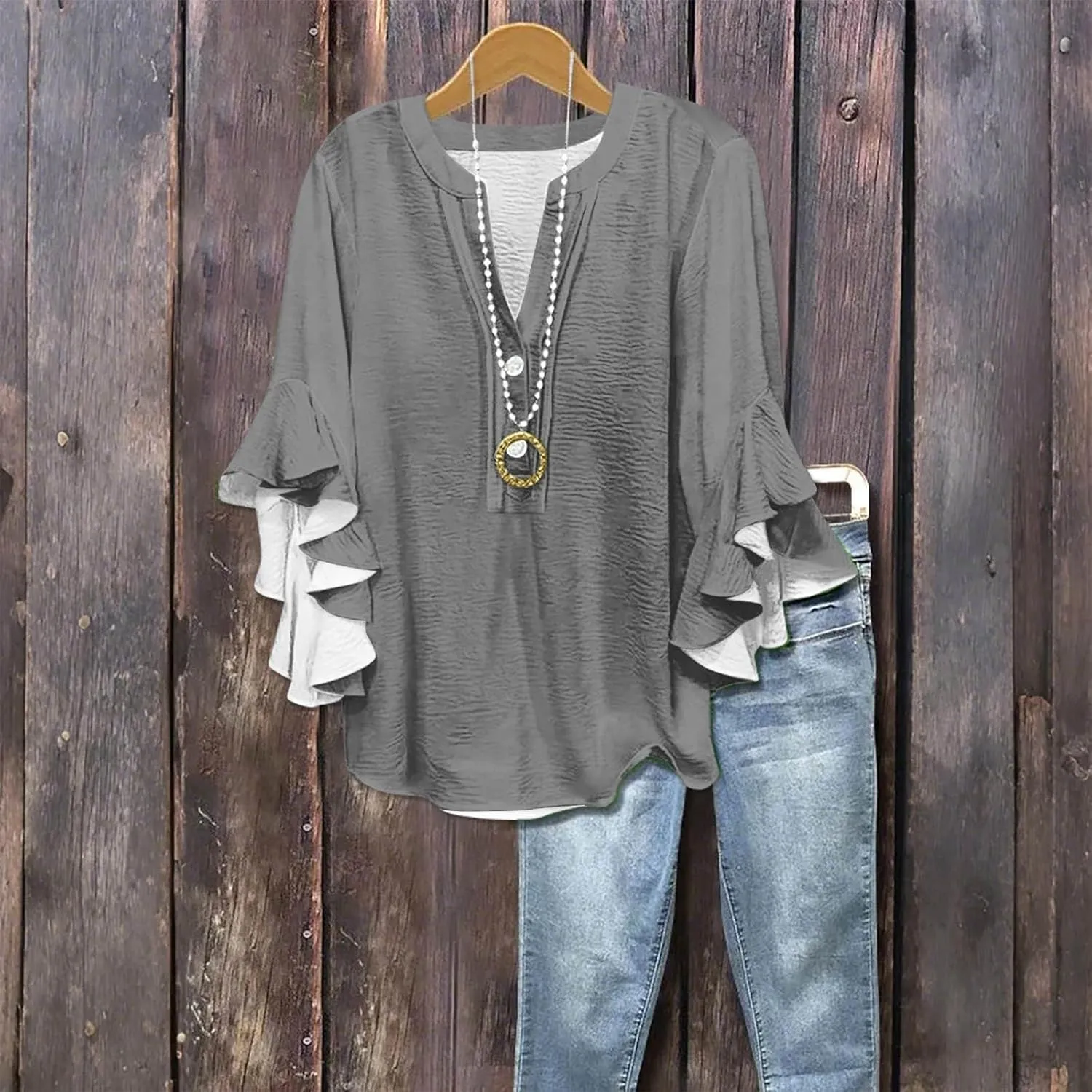 Ruffle 3/4 Length Sleeve Womens Tops,Summer Button V Neck Shirts Vintage Blouse Casual Loose Tunic Tops Graphic Tees