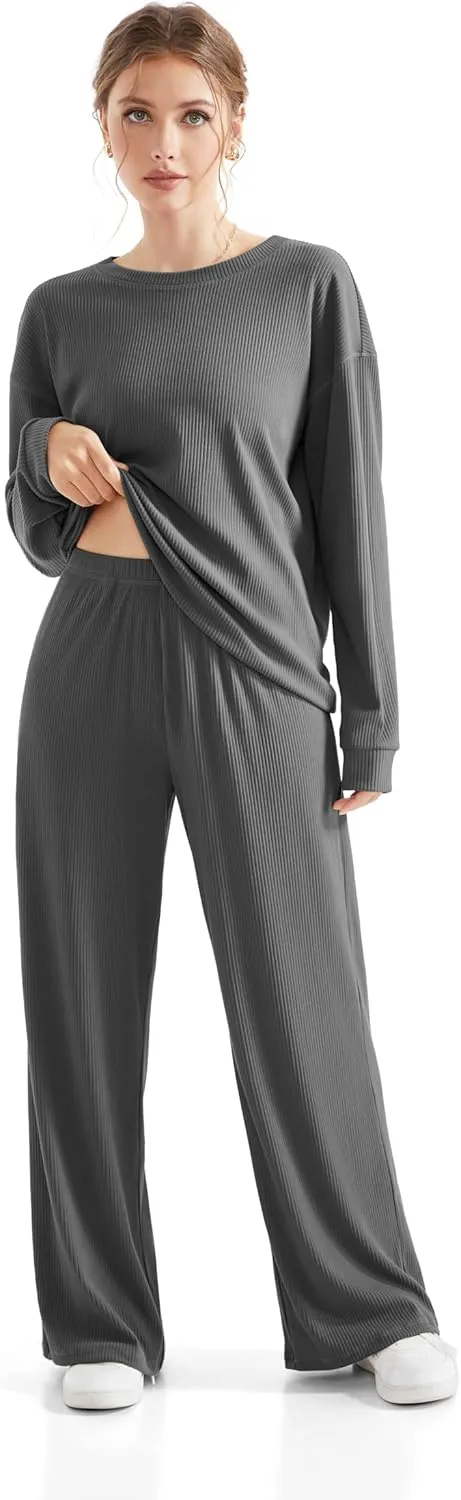 RXRXCOCO Ribbed Lounge Set for Women 2 Piece Pajama Sets Long Sleeve Tops Wide Leg Pants Matching Outfits with Pockets
