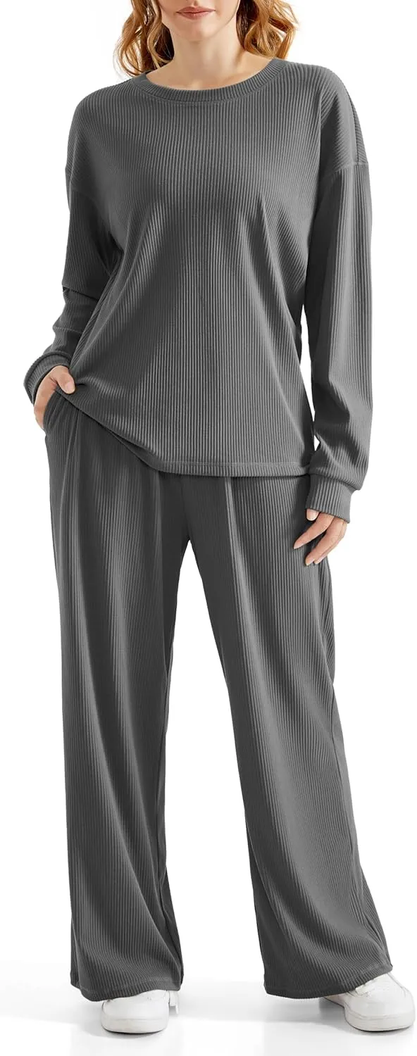 RXRXCOCO Ribbed Lounge Set for Women 2 Piece Pajama Sets Long Sleeve Tops Wide Leg Pants Matching Outfits with Pockets