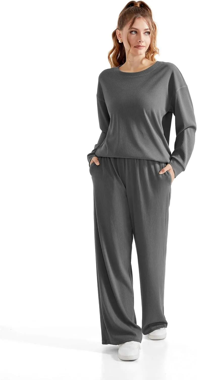 RXRXCOCO Ribbed Lounge Set for Women 2 Piece Pajama Sets Long Sleeve Tops Wide Leg Pants Matching Outfits with Pockets