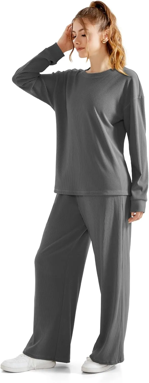 RXRXCOCO Ribbed Lounge Set for Women 2 Piece Pajama Sets Long Sleeve Tops Wide Leg Pants Matching Outfits with Pockets