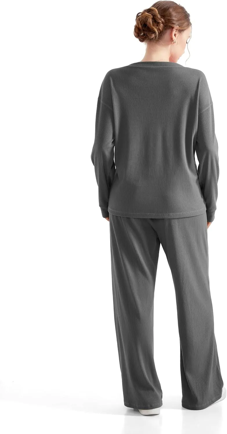 RXRXCOCO Ribbed Lounge Set for Women 2 Piece Pajama Sets Long Sleeve Tops Wide Leg Pants Matching Outfits with Pockets