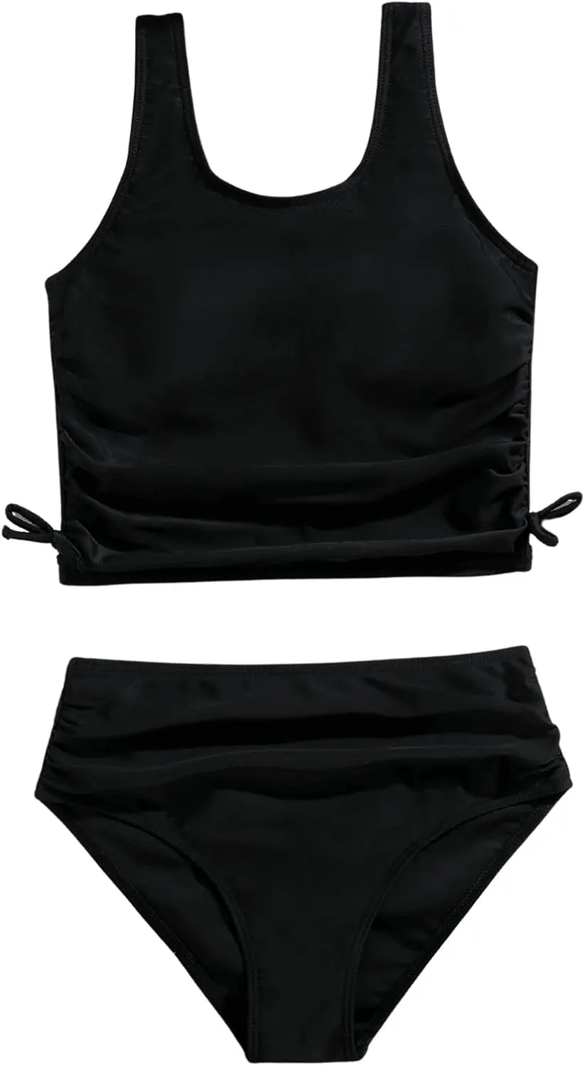 SHENHE Girl's 2 Piece High Waisted Swimsuit Drawstring Sport Bikini Sets Tankini Bathing Suits