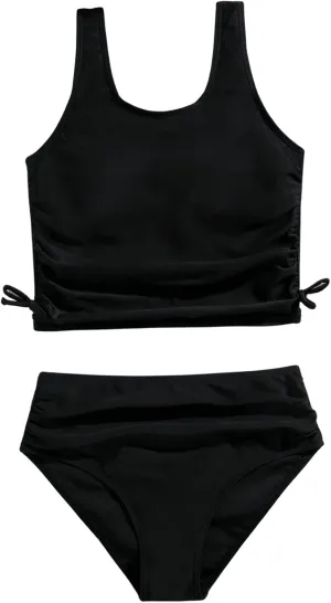 SHENHE Girl's 2 Piece High Waisted Swimsuit Drawstring Sport Bikini Sets Tankini Bathing Suits