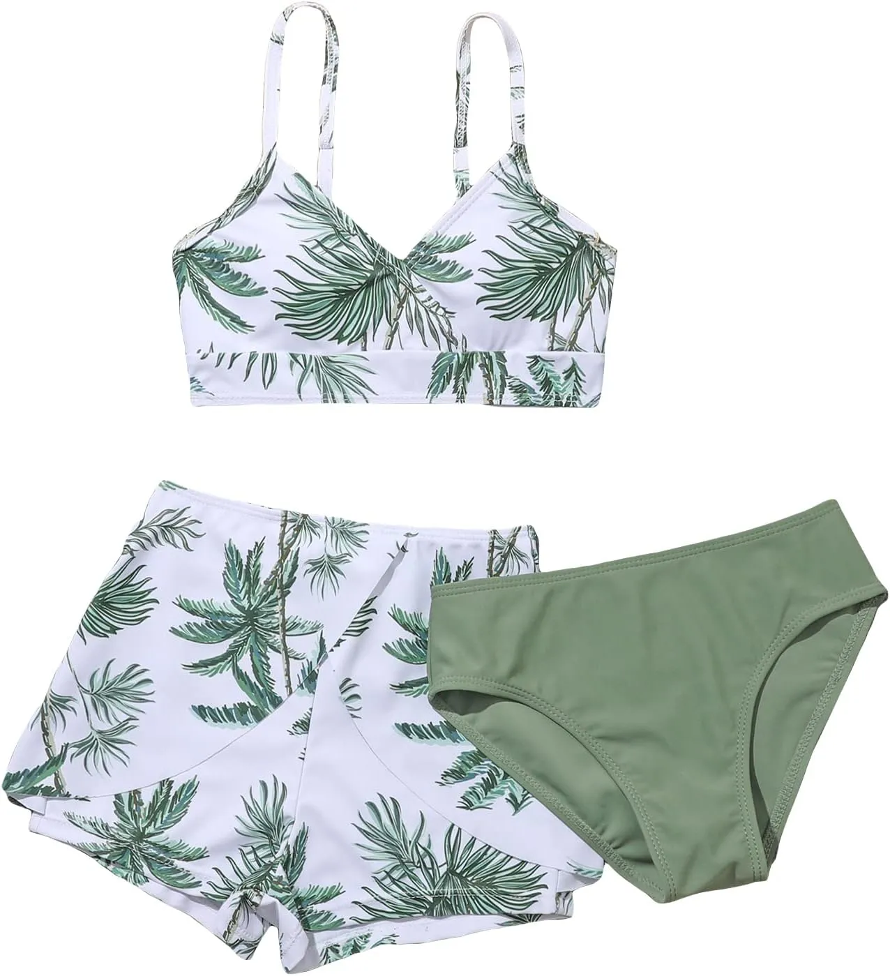 SHENHE Girl's 3 Piece Tropical Print V Neck High Waisted Bikini Swimsuit with Beach Shorts