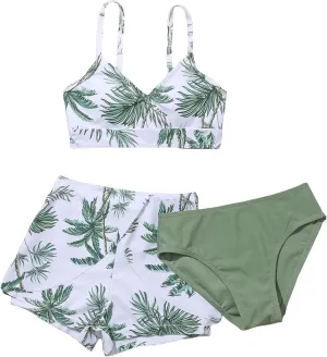 SHENHE Girl's 3 Piece Tropical Print V Neck High Waisted Bikini Swimsuit with Beach Shorts
