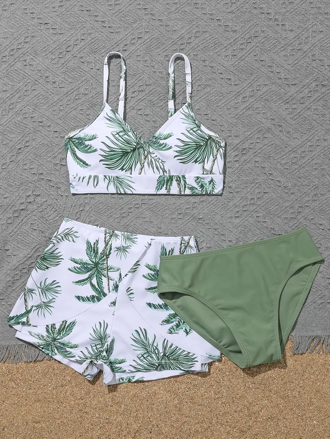 SHENHE Girl's 3 Piece Tropical Print V Neck High Waisted Bikini Swimsuit with Beach Shorts