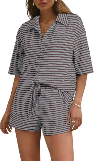SHEWIN Womens Pajama Sets Short Sleeve 2 Piece Lounge Sets Summer Outfits for Women