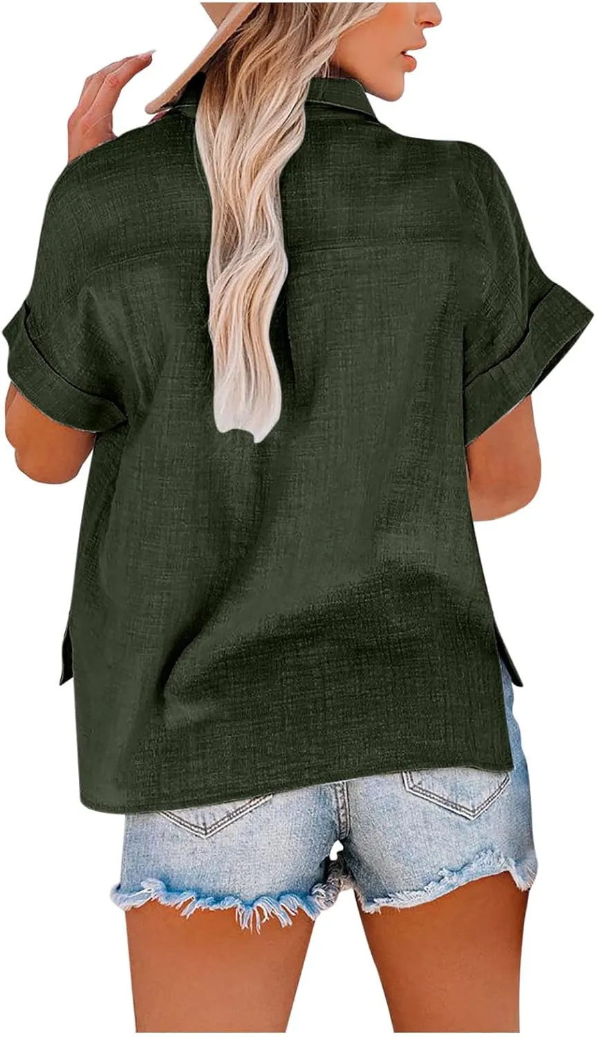SMIDOW Womens Button Down Cotton Linen Shirts V Neck Roll Up Short Sleeve Blouses Loose Collared Shirt Casual Work Tops