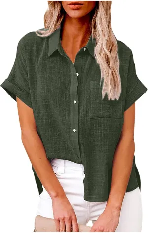 SMIDOW Womens Button Down Cotton Linen Shirts V Neck Roll Up Short Sleeve Blouses Loose Collared Shirt Casual Work Tops