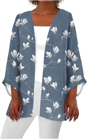 Spring Cardigans for Women 2025 Floral Printed Casual Loose Cardigans 3/4 Sleeve Hide Belly Open Front Cardigan