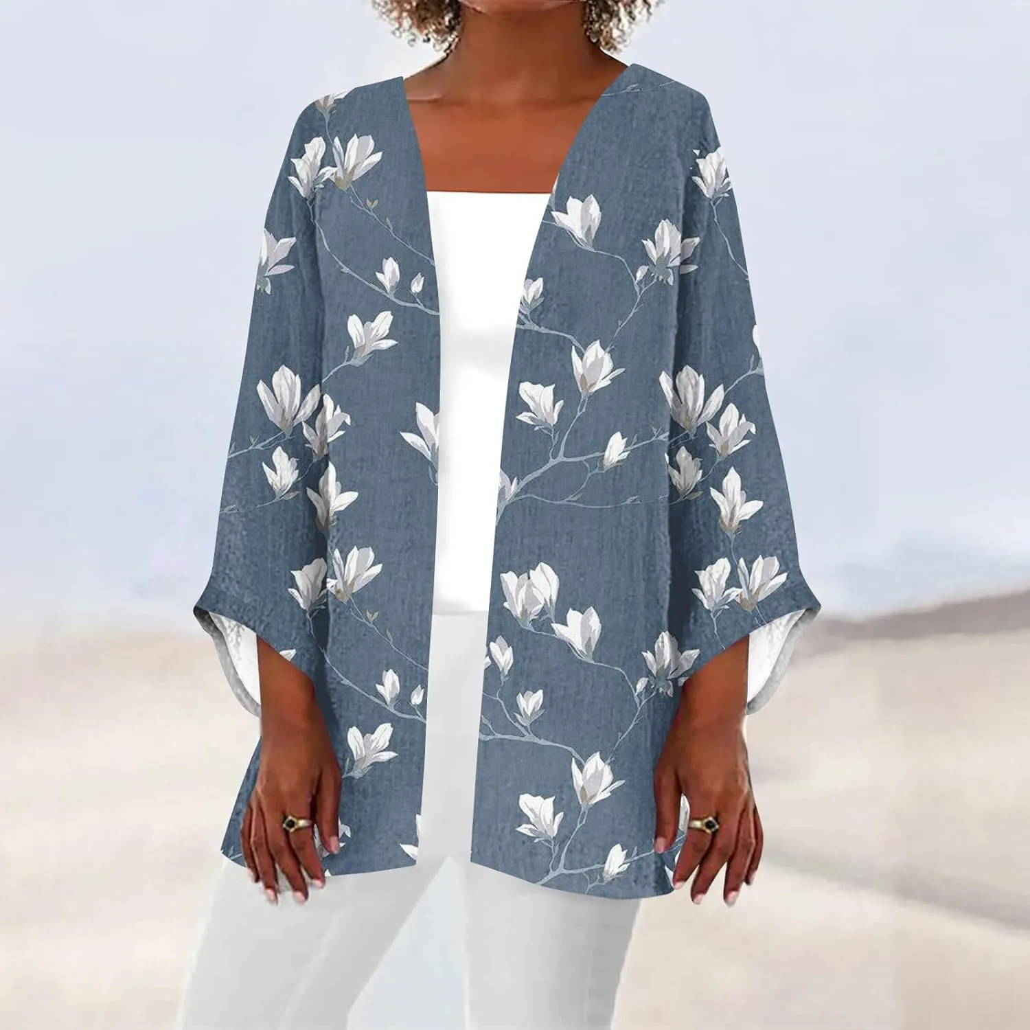 Spring Cardigans for Women 2025 Floral Printed Casual Loose Cardigans 3/4 Sleeve Hide Belly Open Front Cardigan