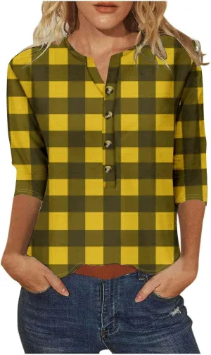 Spring Tops for Women 2025 Trendy Casual 3/4 Sleeve V Neck Button Blouses Business Wear Dressy Ladies Shirts Clothing