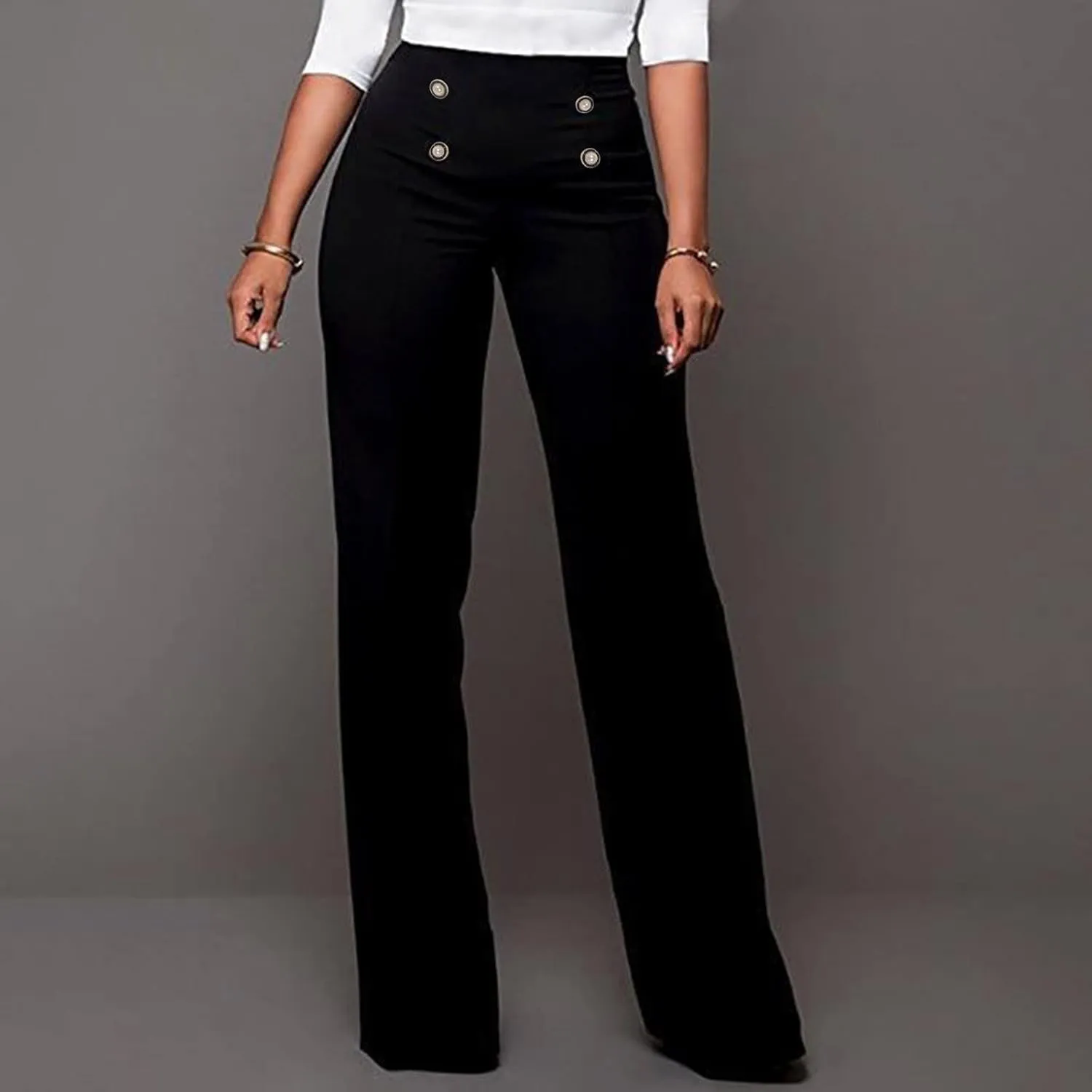 Stylish Elastic High Waist Straight Wide Leg Trousers for Womens Casual Lightweight Solid Color Soft Comfortable Button Pants