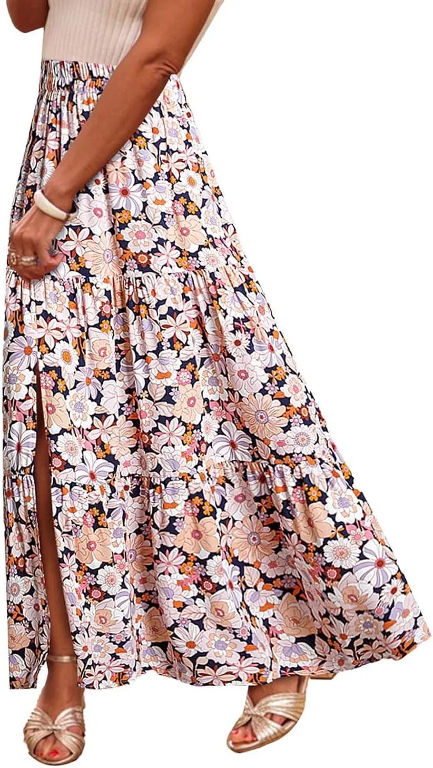 Summer Boho Skirts Women Long Floral Skirts Elastic High Waist Printed Skirts A Line Flowy Skirts Split Ruffle Skirts
