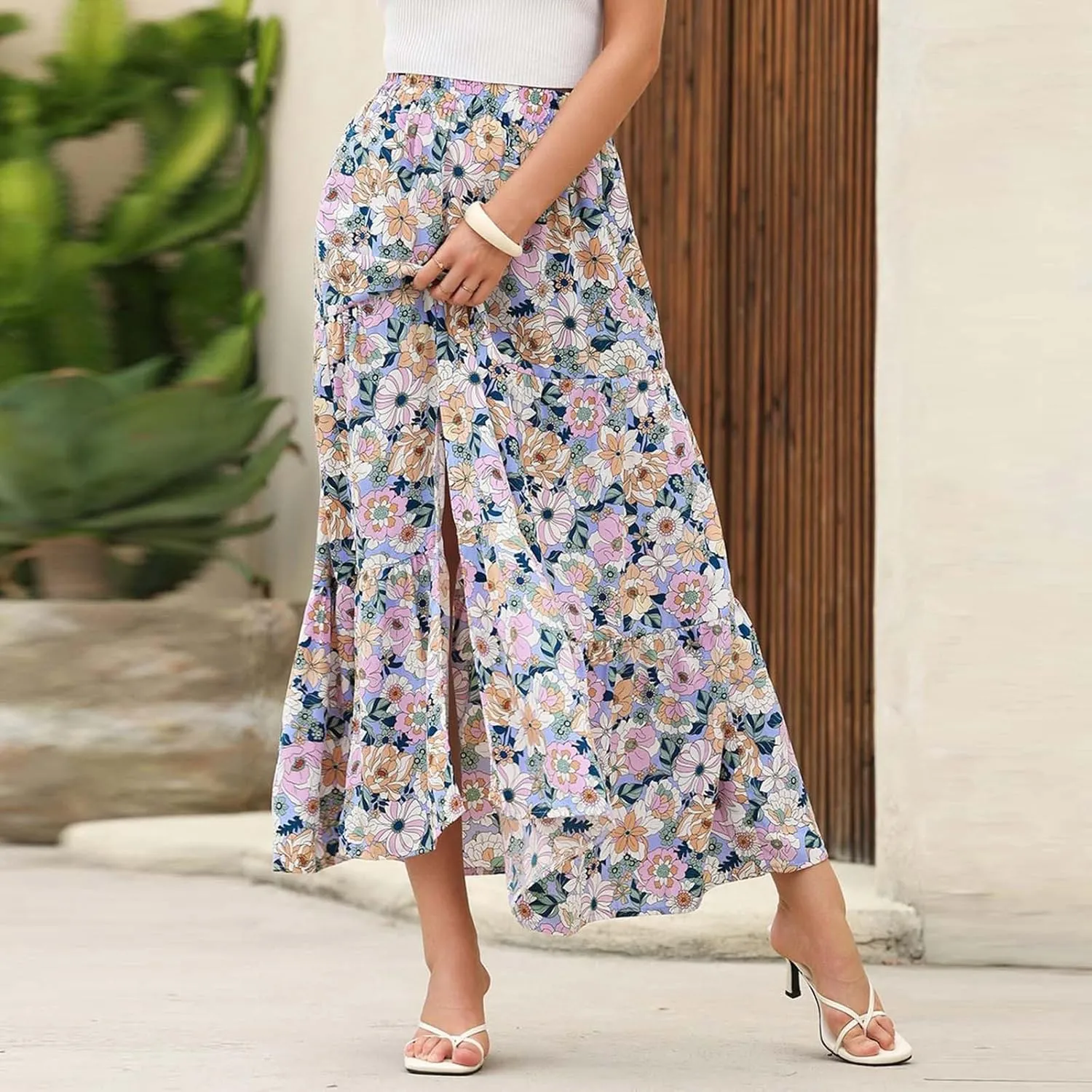 Summer Boho Skirts Women Long Floral Skirts Elastic High Waist Printed Skirts A Line Flowy Skirts Split Ruffle Skirts