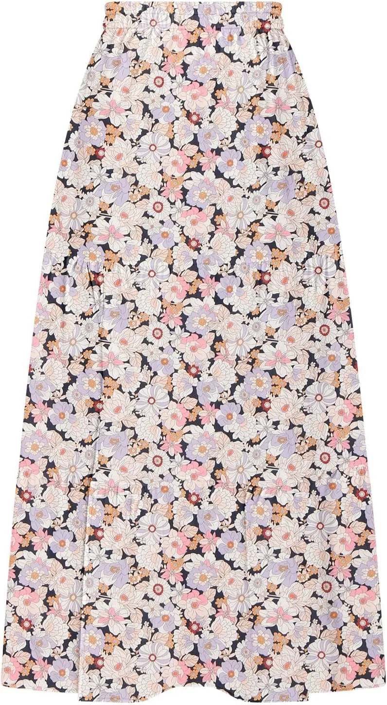 Summer Boho Skirts Women Long Floral Skirts Elastic High Waist Printed Skirts A Line Flowy Skirts Split Ruffle Skirts