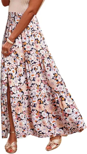 Summer Boho Skirts Women Long Floral Skirts Elastic High Waist Printed Skirts A Line Flowy Skirts Split Ruffle Skirts