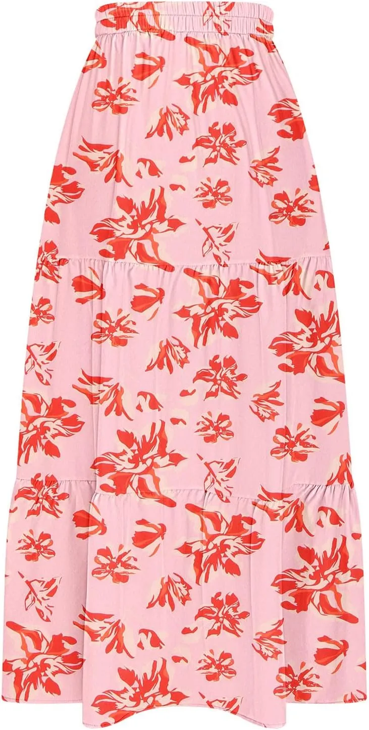 Summer Boho Skirts Women Long Floral Skirts Elastic High Waist Printed Skirts A Line Flowy Skirts Split Ruffle Skirts