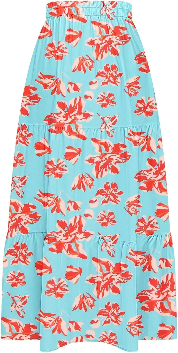 Summer Boho Skirts Women Long Floral Skirts Elastic High Waist Printed Skirts A Line Flowy Skirts Split Ruffle Skirts