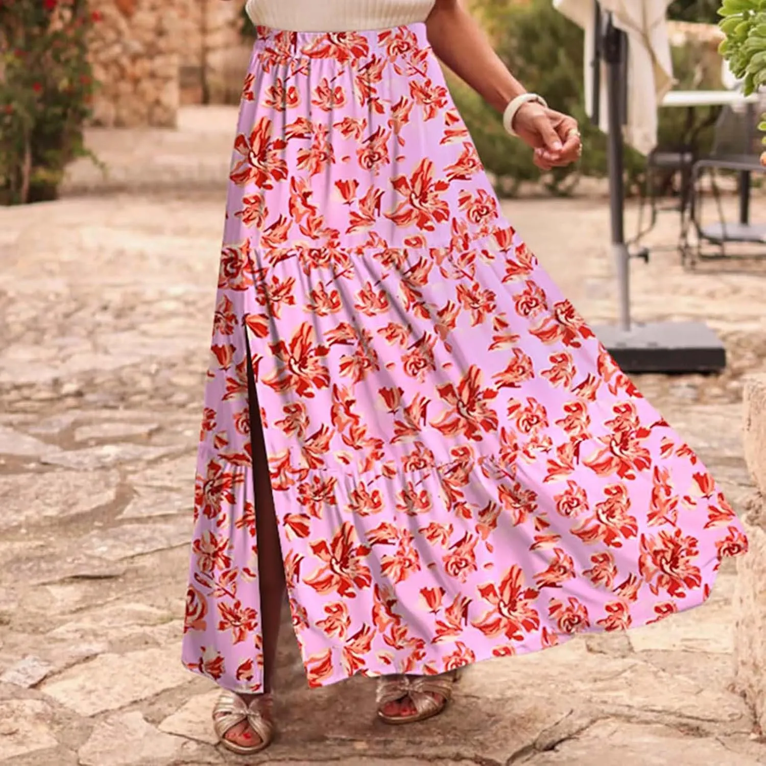 Summer Boho Skirts Women Long Floral Skirts Elastic High Waist Printed Skirts A Line Flowy Skirts Split Ruffle Skirts