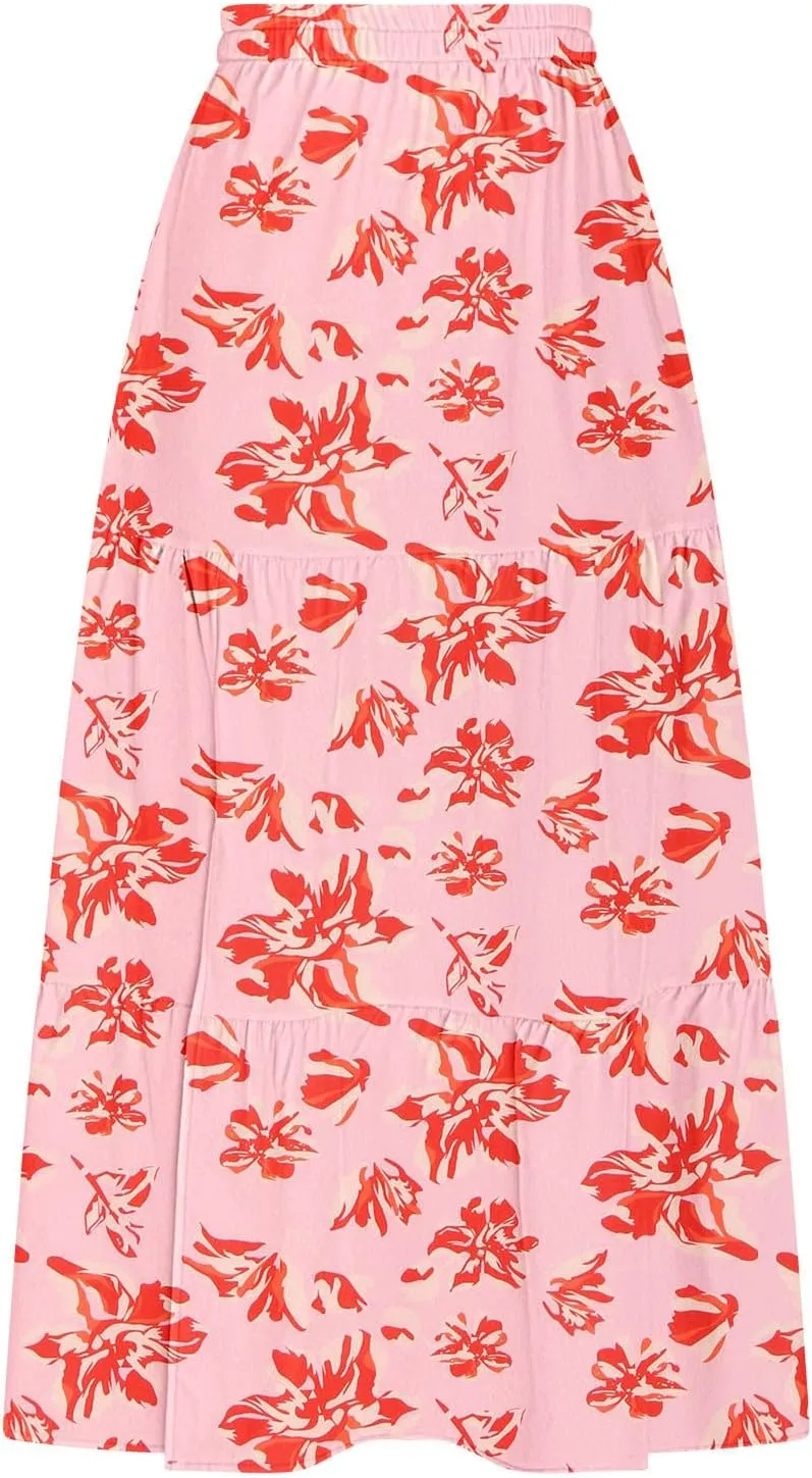Summer Boho Skirts Women Long Floral Skirts Elastic High Waist Printed Skirts A Line Flowy Skirts Split Ruffle Skirts