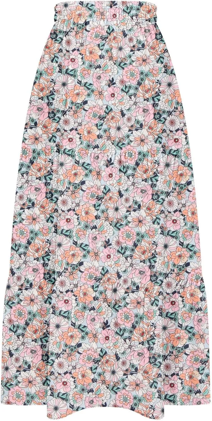 Summer Boho Skirts Women Long Floral Skirts Elastic High Waist Printed Skirts A Line Flowy Skirts Split Ruffle Skirts