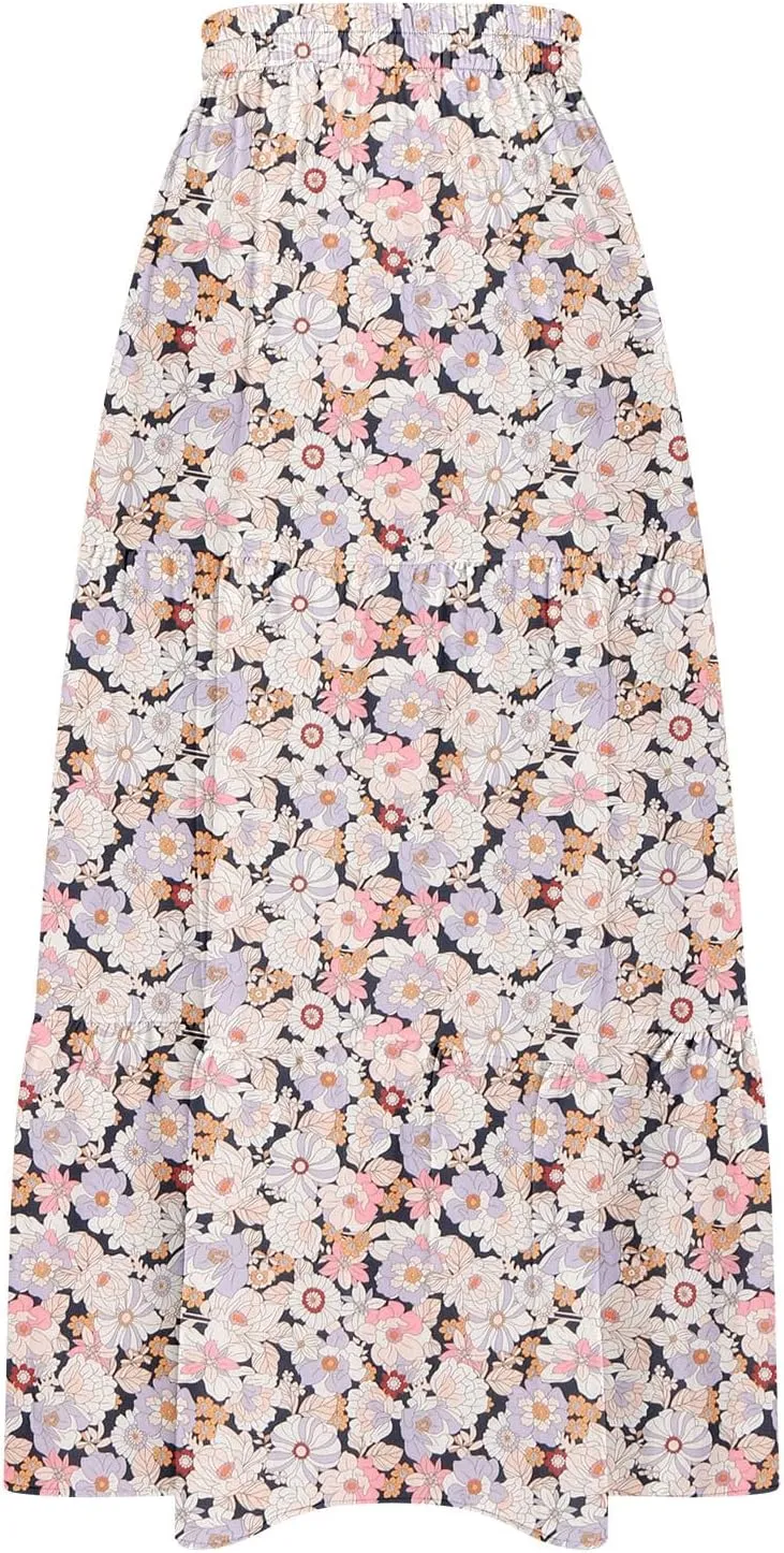 Summer Boho Skirts Women Long Floral Skirts Elastic High Waist Printed Skirts A Line Flowy Skirts Split Ruffle Skirts