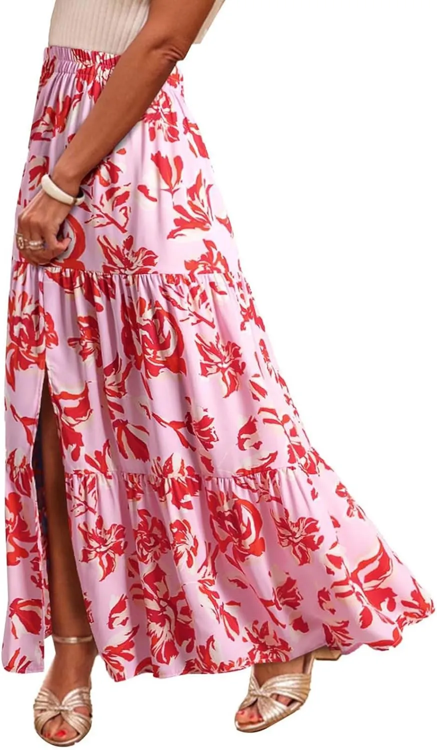Summer Boho Skirts Women Long Floral Skirts Elastic High Waist Printed Skirts A Line Flowy Skirts Split Ruffle Skirts