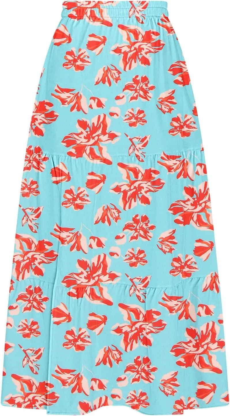 Summer Boho Skirts Women Long Floral Skirts Elastic High Waist Printed Skirts A Line Flowy Skirts Split Ruffle Skirts