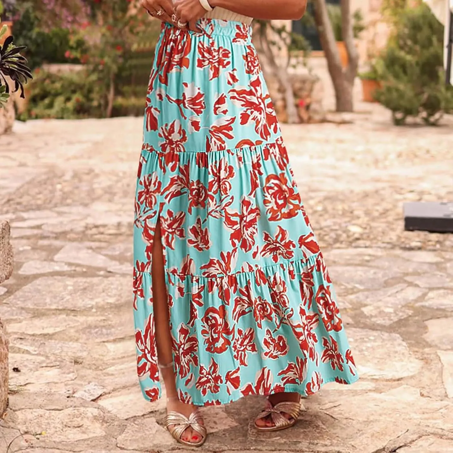 Summer Boho Skirts Women Long Floral Skirts Elastic High Waist Printed Skirts A Line Flowy Skirts Split Ruffle Skirts