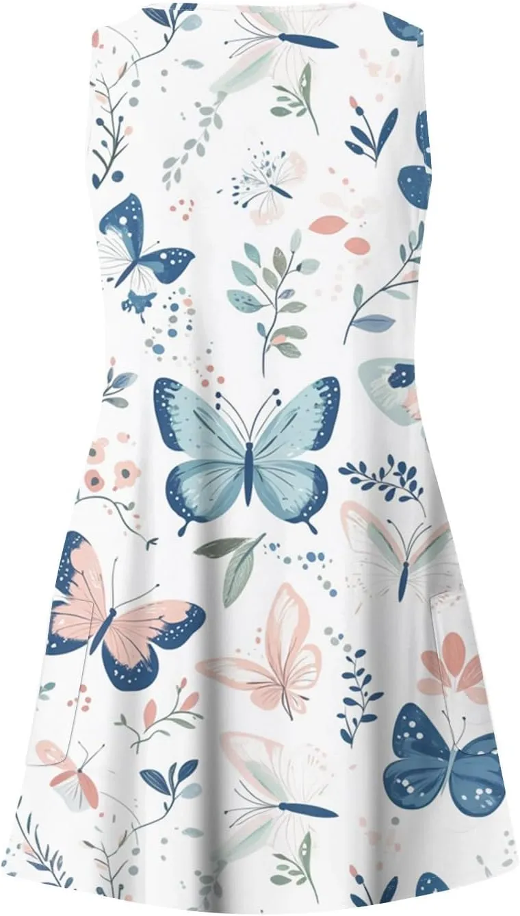 Summer Dresses for Women 2024 Casual Print Bohemian Dresses V Neck Tank Dresses with Pockets Beach Hawaiian Dresses