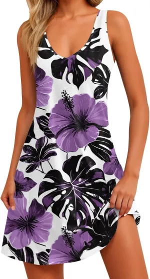 Summer Dresses for Women 2024 Casual Print Bohemian Dresses V Neck Tank Dresses with Pockets Beach Hawaiian Dresses
