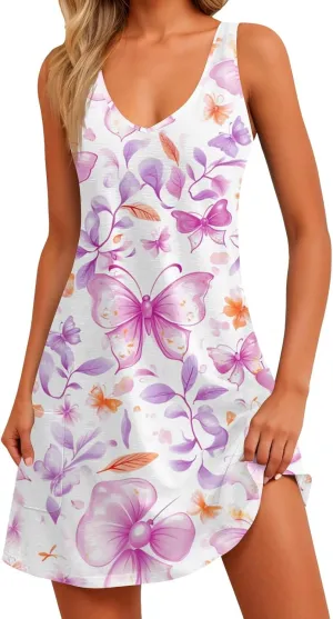 Summer Dresses for Women 2024 Casual Print Bohemian Dresses V Neck Tank Dresses with Pockets Beach Hawaiian Dresses