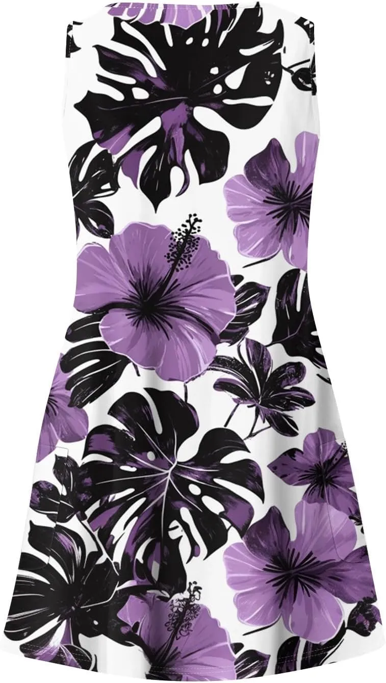 Summer Dresses for Women 2024 Casual Print Bohemian Dresses V Neck Tank Dresses with Pockets Beach Hawaiian Dresses