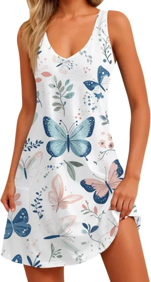 Summer Dresses for Women 2024 Casual Print Bohemian Dresses V Neck Tank Dresses with Pockets Beach Hawaiian Dresses
