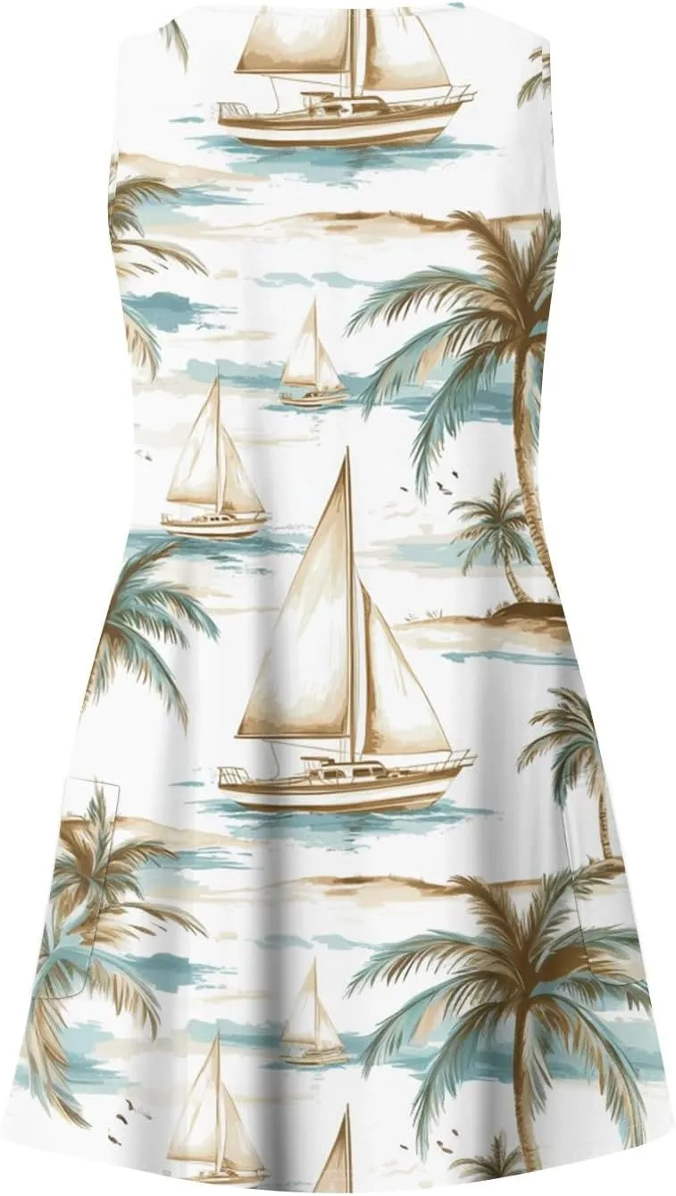 Summer Dresses for Women 2024 Casual Print Bohemian Dresses V Neck Tank Dresses with Pockets Beach Hawaiian Dresses