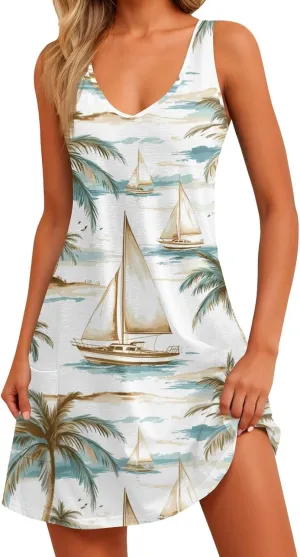 Summer Dresses for Women 2024 Casual Print Bohemian Dresses V Neck Tank Dresses with Pockets Beach Hawaiian Dresses